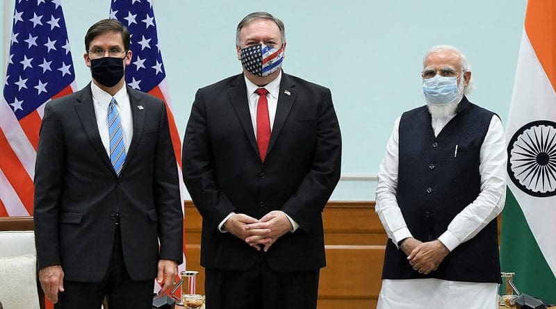 Secretary of State Michael R. Pompeo and Secretary of Defense Mark Esper meet with Indian Prime Minister Narendra Modi, in New Delhi, India, on October 27, 2020. [Photo Courtesy Office of the Prime Minister of India]