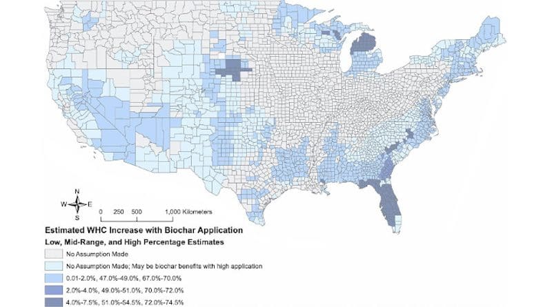 A map shows low, mid-range and high estimates for theoretical water-holding capacity changes in soil with the addition of biochar. A study by Rice University scientists showed how biochar can help curtail excess irrigation in agriculture, depending on the type of soil and biochar characteristics. CREDIT: Masiello Lab/Rice University