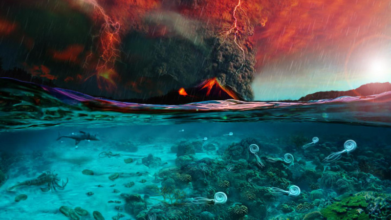 Illustration depicting the onset of the Permian-Triassic mass extinction based on findings of Jurikova et al. (2020). Ocean acidification and vanishing marine life in the surface ocean caused by a large release of volcanic CO2 from Siberian Traps. Illustrated by: Dawid Adam Iurino CREDIT: (PaleoFactory, Sapienza University of Rome) for Jurikova et al. (2020).