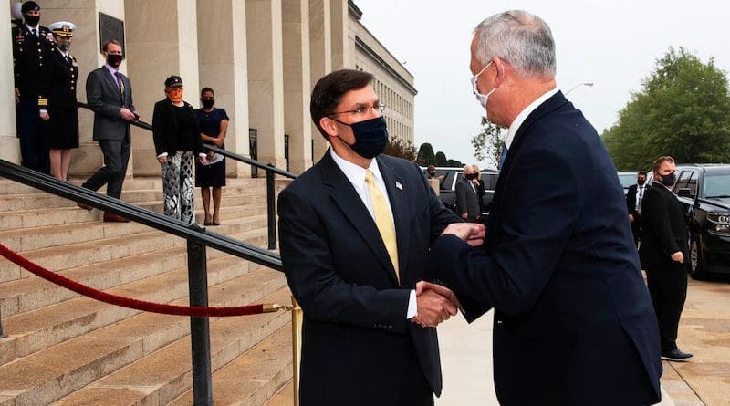 Defense Secretary Dr. Mark T. Esper greets Israeli Defense Minister Benjamin Gantz, prior to hosting a Bilat at the Pentagon, Oct. 22, 2020. Photo Credit: Marv Lynchard, DOD