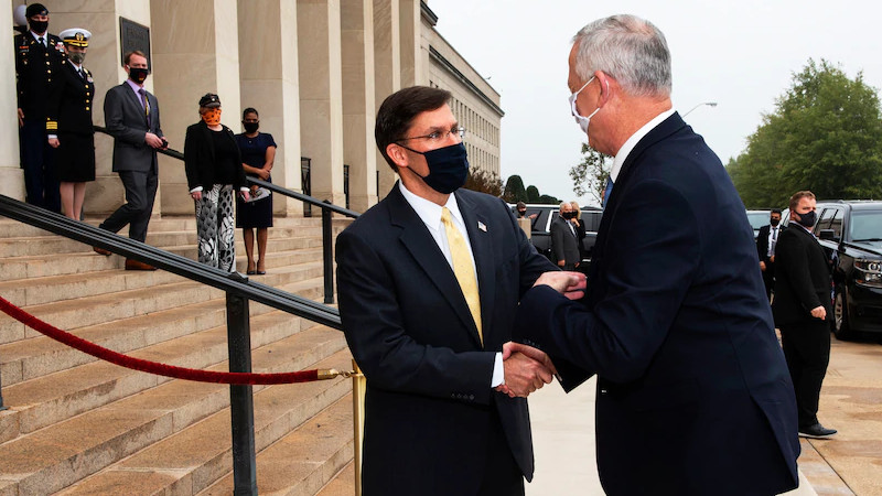 Defense Secretary Dr. Mark T. Esper greets Israeli Defense Minister Benjamin Gantz, prior to hosting a Bilat at the Pentagon, Oct. 22, 2020. Photo Credit: Marv Lynchard, DOD