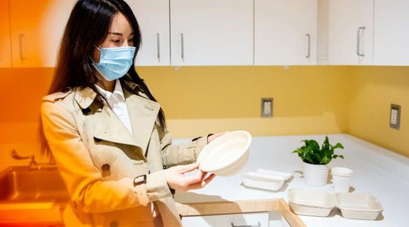 This photo shows a woman handling tableware made from bamboos and food industry waste. CREDIT: Ruby Wallau/Northeastern University