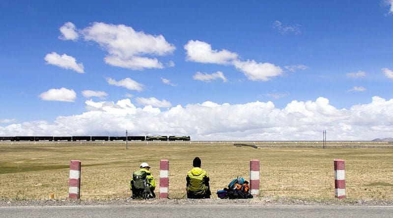 Train passes on railway in Tibet