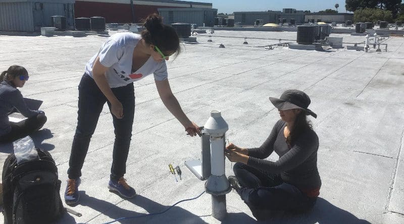 (L to R) Jinsol Kim, Alexis Shusterman and Catherine Newman, all of whom now have earned a Ph.D from UC Berkeley, installing pollution sensors atop a middle school in Richmond, California. CREDIT: Photo by Kaitlyn Lieschke