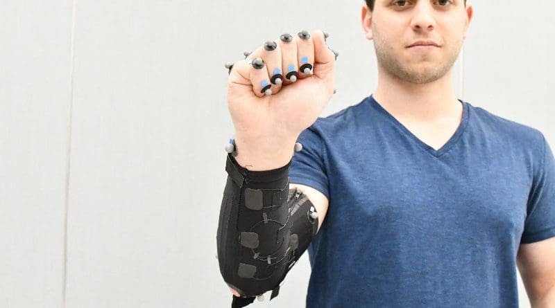 Moritz Graule, a graduate student at SEAS, demonstrates a fabric arm sleeve with embedded sensors. The sensors detect the small changes in the Graule's forearm muscle through the fabric. Such a sleeve could be used in everything from virtual reality simulations and sportswear to clinical diagnostics for neurodegenerative diseases like Parkinson's Disease. CREDIT: (Image courtesy of Oluwaseun Araromi/Harvard SEAS)
