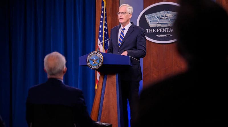 Acting Defense Secretary Christopher C. Miller announces cuts to U.S. troop levels in Afghanistan and Iraq during a briefing at the Pentagon, Nov. 17, 2020. Photo Credit: Air Force Staff Sgt. Jackie Sanders, DOD