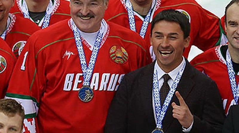 Alyaksandr Lukashenka (left) and Dzmitry Baskau attend an amateur hockey tournament in 2017. Photo Credit: Belarus government