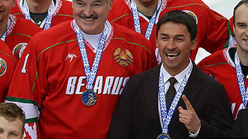 Alyaksandr Lukashenka (left) and Dzmitry Baskau attend an amateur hockey tournament in 2017. Photo Credit: Belarus government