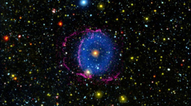 The Blue Ring Nebula consists of two expanding cones of gas ejected into space by a stellar merger. As the gas cools, it forms hydrogen molecules that collide with particles in interstellar space, causing them to radiate far-ultraviolet light. Invisible to the human eye, it is shown here as blue. CREDIT: NASA/JPL-Caltech/M. Seibert (Carnegie Institution for Science)/K. Hoadley (Caltech)/GALEX Team