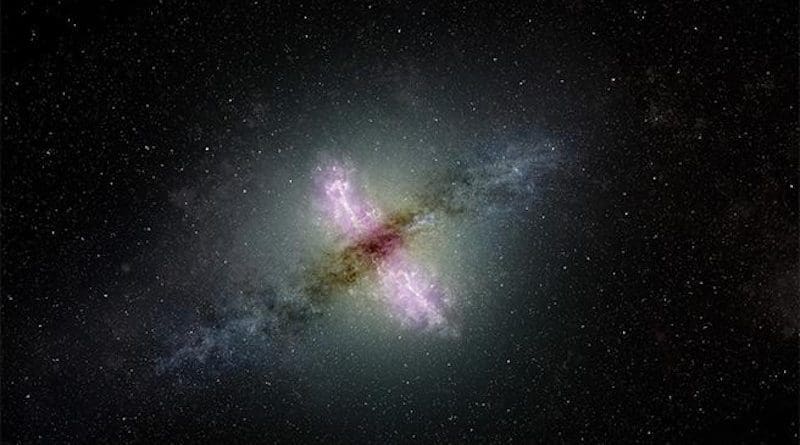 Illustration of a young radio jet launching from a supermassive black hole in the center of a distant galaxy. CREDIT (Photo illustration by National Radio Astronomy Observatory, Credit: Sophia Dagnello, NRAO/AUI/NSF)