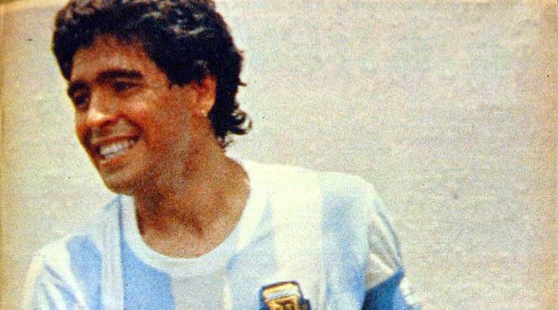 Diego Maradona celebrates his goal v. Italy at the 1986 FIFA World Cup in Mexico. Photo Credit: El Gráfico, Wikipedia Commons