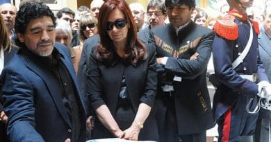 Maradona, then-president Cristina Fernández de Kirchner and Evo Morales, at the funeral of former President of Argentina Néstor Kirchner, 28 October 2010. Photo Credit: Casa Rosada (Argentina Presidency of the Nation), Wikipedia Commons