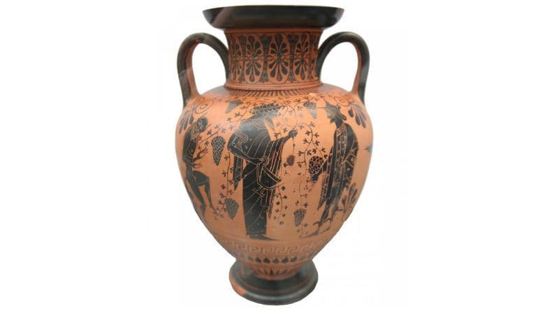 Greek vase from Attika c. 550 - 520 BCE. Dionysos talking with Hermes amidst grape vines and a dancing silenus on the left side. CREDIT: User:MatthiasKabel, CC BY-SA 3.0, via Wikimedia Commons