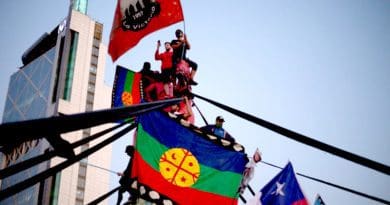 Mapuche flag, representing the original Native people of Chile and Argentina, that demand constitutional recognition, land recovery, and the end of Chilean State harassment. Photo Credit: Pressenza News Agency