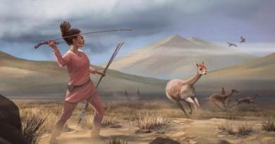 Illustration of female hunter depicting hunters who may have appeared in the Andes 9,000 years ago. CREDIT: Matthew Verdolivo, UC Davis IET Academic Technology Services