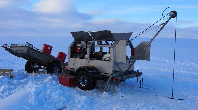 The hot water drill used to drill through the glacier to the subglacial lakes. The drill stem is hundreds of meters below in the ice, suspended on a rubber hose through which hot water is pumped down. CREDIT: Eric Gaidos