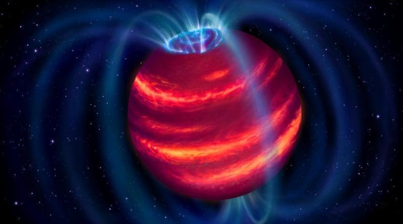 Artist's impression of the cold brown dwarf BDR J1750+3809. The blue loops depict the magnetic field lines. Charged particles moving along these lines emit radio waves that LOFAR detected. Some particles eventually reach the poles and generate aurorae similar to the northern lights on Earth. CREDIT: ASTRON/Danielle Futselaar