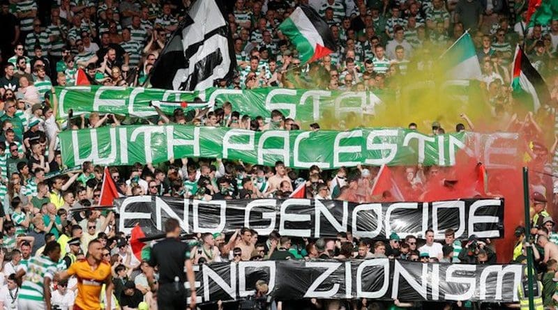 Supporters of Scotland's Celtic FC fly Palestine flags. Photo Credit: AJ+, Palestine Chronicle