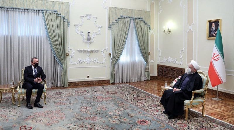 Foreign Minister of the Republic of Azerbaijani Jeyhun Bayramov with Iranian President Hassan Rouhani. Photo Credit: Tasnim News Agency