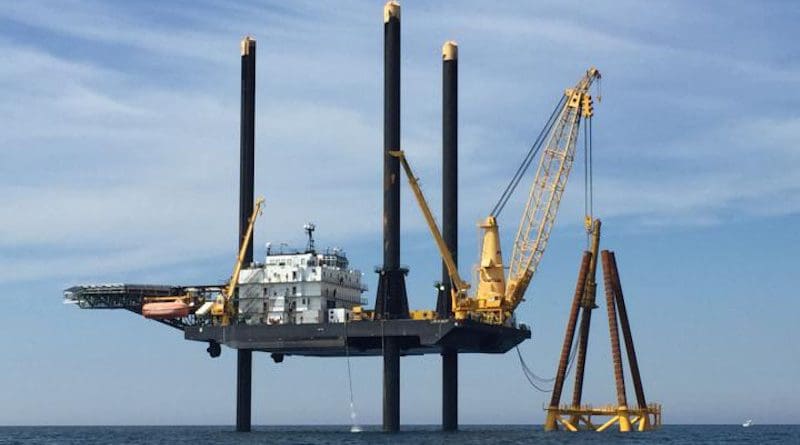 Construction of the Block Island Wind Farm off Rhode Island, the first offshore wind farm in the United States. It began commercial operations in December 2016. CREDIT NOAA Fisheries