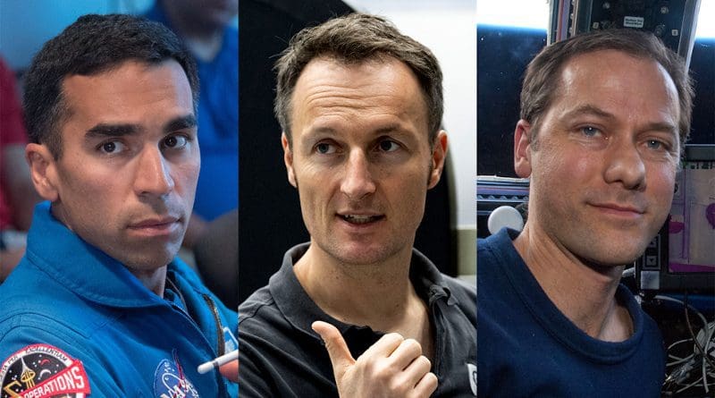 The members of the SpaceX Crew-3 mission to the International Space Station. Pictured from left are NASA astronauts Raja Chari and Tom Marshburn, and ESA (European Space Agency) astronaut Matthias Maurer. Credits: NASA/ESA