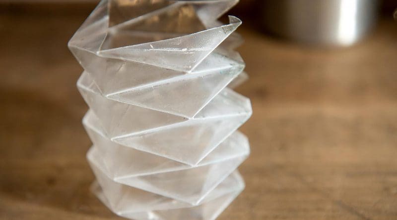 The researchers have developed an origami-inspired, folded plastic fuel bladder that doesn't crack at super cold temperatures and could someday be used to store and pump fuel. CREDIT WSU