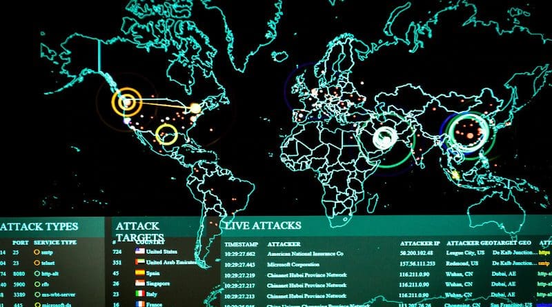 Real-time cyber attacks -- including information on the attack's origin, type and target and the attacker's IP address, geographic location and ports being used -- are displayed on an attack map on the 275th Cyberspace Squadron's operations floor, June 3, 2017. The squadron is part of the Maryland Air National Guard's 175th Cyberspace Operations Group. Photo Credit: Joseph M. Eddins Jr., Air Force