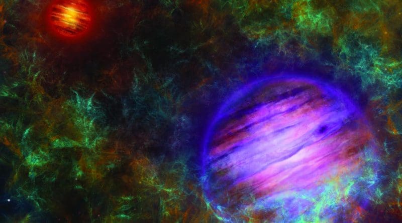 Artist's composition of the two brown dwarfs, in the foreground Oph 98B in purple, in the background Oph 98A in red. Oph 98A is the more massive and therefore more luminous and hotter of the two. The two objects are surrounded by the molecular cloud in which they were formed. CREDIT © University of Bern, Illustration: Thibaut Roger
