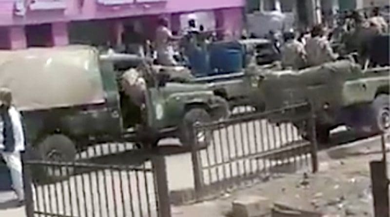 Still image from a video obtained by Human Rights Watch shows three military vehicles, identified by witnesses as belonging to the RSF near Kassala Teaching Hospital, on October 15,2020. © Anonymous