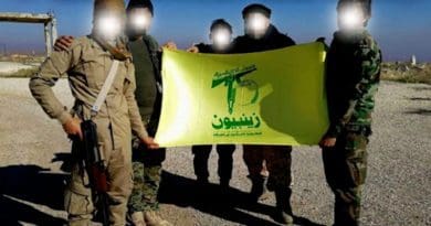 Undated photo of Pakistani members of Zainebiyoun Brigade holding their flag in Syria. Photo Credit: Social media