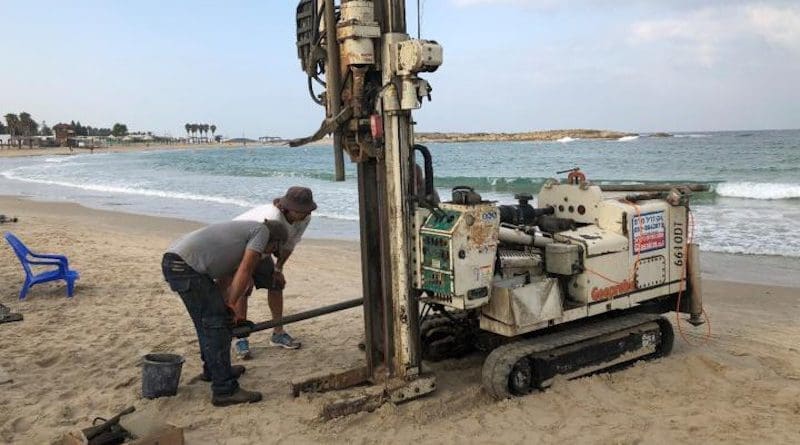 Geoprobe drilling rig extraction of a sediment core with evidence of a tsunami from South Bay, Tel Dor, Israel CREDIT Photo by T. E. Levy