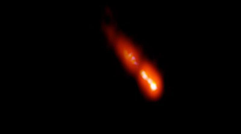 VLBA image of the blazar PSO J0309+27 at a distance of 12.8 billion light-years from Earth. Galaxy's core is at bottom right, and jet is propelled outward from the core toward upper left. CREDIT Spingola et al.; Bill Saxton, NRAO/AUI/NSF.