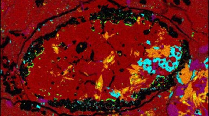 SwRI scientists studied the composition of a small shard of a meteoroid to determine that it likely originated from a previously unknown parent asteroid. This false-color micrograph of the meteoroid sample shows the unexpected amphibole crystals identified in orange. CREDIT NASA/USRA/Lunar and Planetary Institute