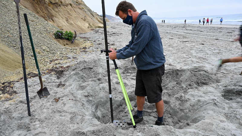 Scripps Oceanography geomorphologist Adam Young buries wave energy-measuring sensors. CREDIT Erik Jepsen/UC San Diego
