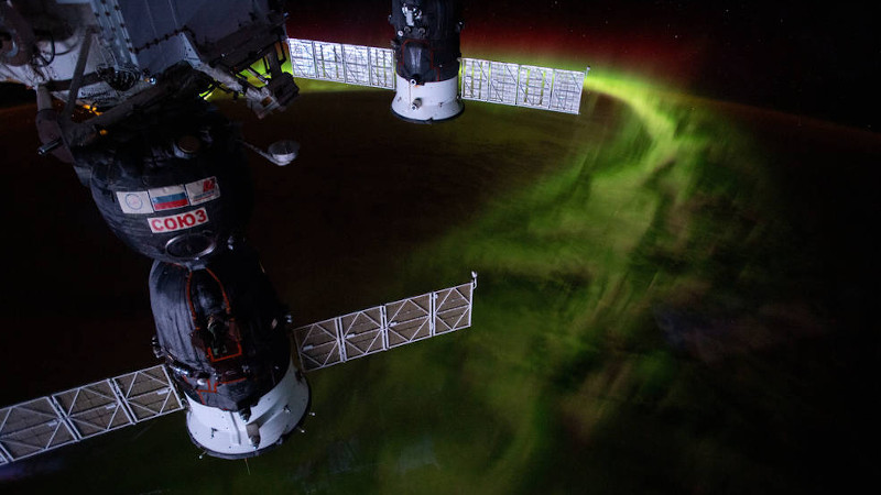 From the International Space Station's orbit 269 miles above the Indian Ocean southwest of Australia, this nighttime photograph captures the aurora australis, or "southern lights." Russia's Soyuz MS-12 crew ship is in the foreground and Progress 72 resupply ship in the background. Credits: NASA