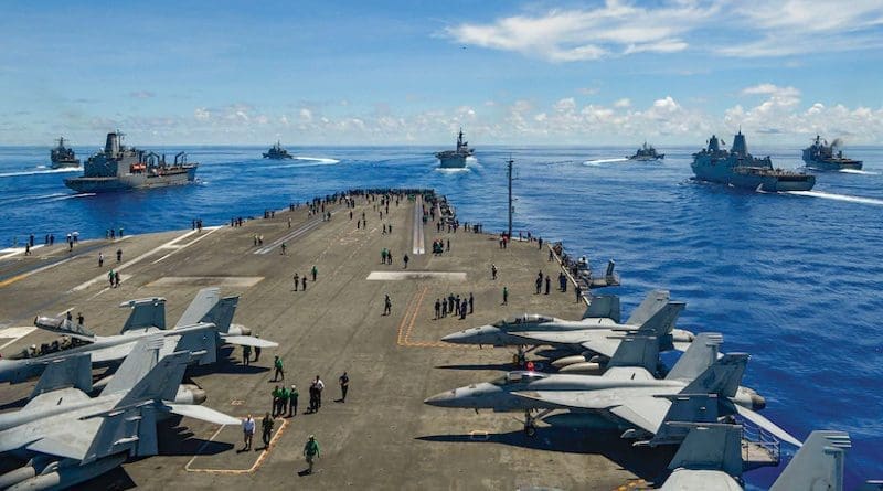 From left, USS Germantown, USNS John Ericsson, USS Antietam, USS Ronald Reagan, USS America, USS Shiloh, USS New Orleans, and USS Comstock break away from formation in support of Valiant Shield 2020, Philippine Sea, September 25, 2020 (U.S. Navy/Oswald Felix, Jr.)