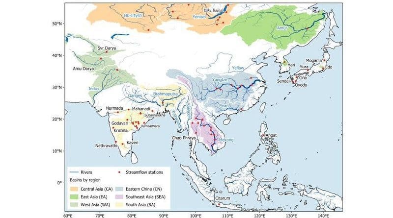 Map of the Asian Monsoon region; river basins involved in this study are highlighted by subregion, rivers belonging to the world's 30 biggest are shown with names indicated in blue. CREDIT SUTD