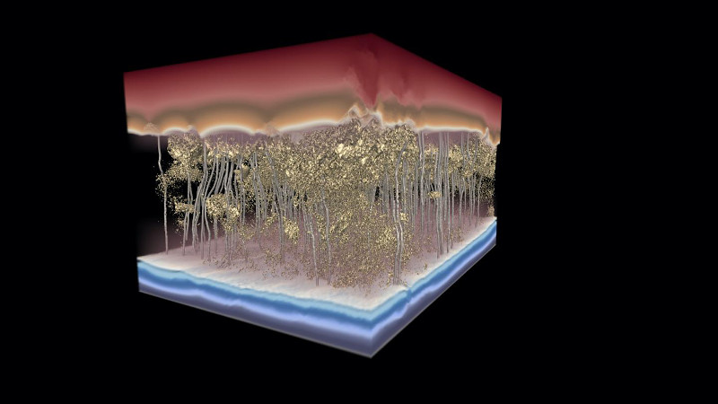 This 3D model of a polymer desalination membrane shows water flow -- the silver channels, moving from top to bottom -- avoiding dense spots in the membrane and slowing flow. CREDIT: Image by the Ganapathysubramanian research group/Iowa State University and Gregory Foss/Texas Advanced Computing Center.