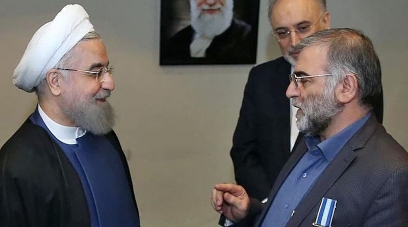 File photo shows Iranian President Hassan Rohani (left) awarding nuclear scientist Mohsen Fakhrizadeh a medal in Tehran. Photo Credit: IRNA