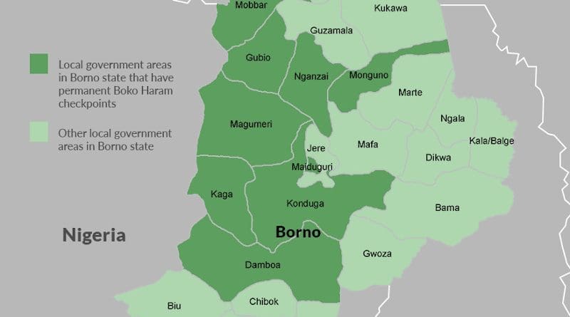 Detail of map of local government areas in Borno State controlled by Boko Haram in Nigeria. Credit: ISS Today