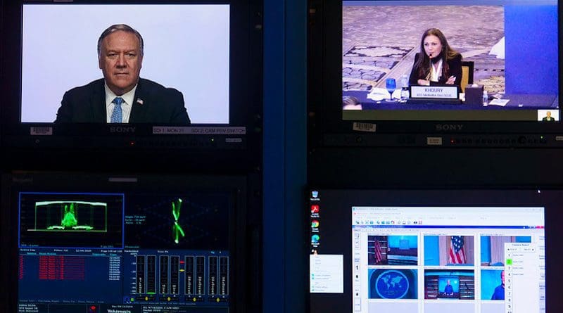 Secretary of State Michael R. Pompeo delivers virtual remarks at the IISS Manama Dialogue, from the Department of State, in Washington, D.C., on December 4, 2020. [State Department photo by Ron Przysucha/ Public Domain]
