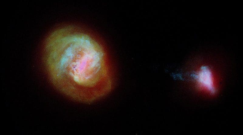 A diagram of the two most important companion galaxies to the Milky Way, the Large Magellanic Cloud or LMC (left) and the Small Magellanic Cloud (SMC) made using data from the European Space Agency Gaia satellite. The two galaxies are connected by a 75,000 light-years long bridge of stars, some of which is seen extending from the left of the SMC. CREDIT: ESA/Gaia/DPAC