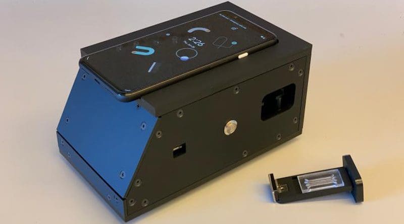 A photo of a device attached to an ordinary smartphone that can detect the presence of SARS-CoV-2 in a nasal swab. CREDIT: Daniel Fletcher and Melanie Ott