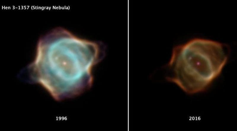 This image compares two drastically different portraits of the Stingray nebula captured by NASA's Hubble Space Telescope 20 years apart. The image on the left, taken with the Wide Field and Planetary Camera 2 in March 1996, shows the nebula's central star in the final stages of its life. The gas being puffed off by the dying star is much brighter when compared to the image of the nebula at the right, captured in January 2016 using the Wide Field Camera 3. The Stingray nebula is located in the direction of the southern constellation Ara (the Altar). CREDIT Credits: NASA, ESA, B. Balick (University of Washington), M. Guerrero (Instituto de Astrofísica de Andalucía), and G. Ramos-Larios (Universidad de Guadalajara)
