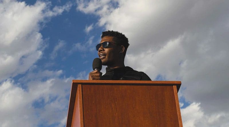 Senior Airman Marcel Williams, 27th Special Operations Wing public affairs broadcaster, speaks at “Gathering for Unity” event at Cannon Air Force Base, New Mexico, June 5, 2020, and shares experiencing racism in his own community (U.S. Air Force/Lane T. Plummer)