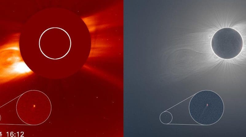 (left) The LASCO C2 camera on the ESA/NASA SOHO observatory shows comet C/2020 X3 (SOHO) in the bottom left-hand corner. (right) A composite image of the total solar eclipse on Dec. 14, 2020, based on 65 frames taken by Andreas Möller (Arbeitskreis Meteore e.V.) in Piedras del Aguila, Argentina, and processed by Jay Pasachoff and Roman Vanur. CREDIT: ESA/NASA/SOHO/Andreas Möller (Arbeitskreis Meteore e.V.)/processed by Jay Pasachoff and Roman Vanur/Joy Ng. Eclipse image used with permission.