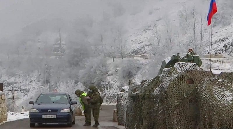 Russian peacekeepers man a checkpoint in the Lachin corridor in Nagorno-Karabakh after conflict between Armenia and Azerbaijan. Photo Credit: Mil.ru