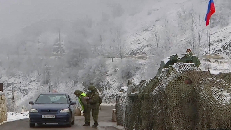 Russian peacekeepers man a checkpoint in the Lachin corridor in Nagorno-Karabakh after conflict between Armenia and Azerbaijan. Photo Credit: Mil.ru