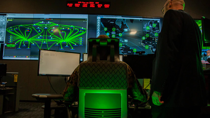 Marines with Marine Corps Forces Cyberspace Command observe computer operations at the cyber operations center at Fort Meade, Md., Feb. 5, 2020. Photo Credit: Marine Corps Staff Sgt. Jacob Osborne