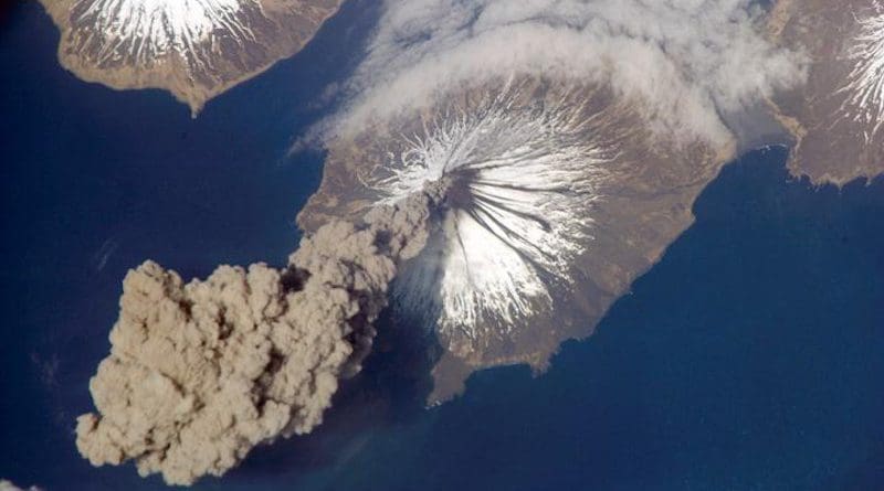 Cleveland Volcano, Aleutian Islands eruption in 2006. Volcanism is one of the main carbon dioxide sources in the long-term carbon cycle balanced by weathering sinks, which, among others, represent important processes included in Komar and Zeebe's model. CREDIT NASA image courtesy Jeff Williams